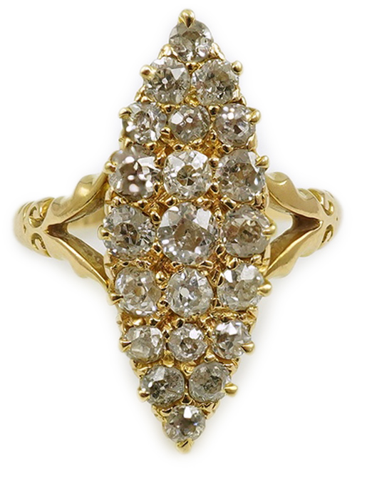 An early 20th century gold and diamond cluster set marquise shaped ring